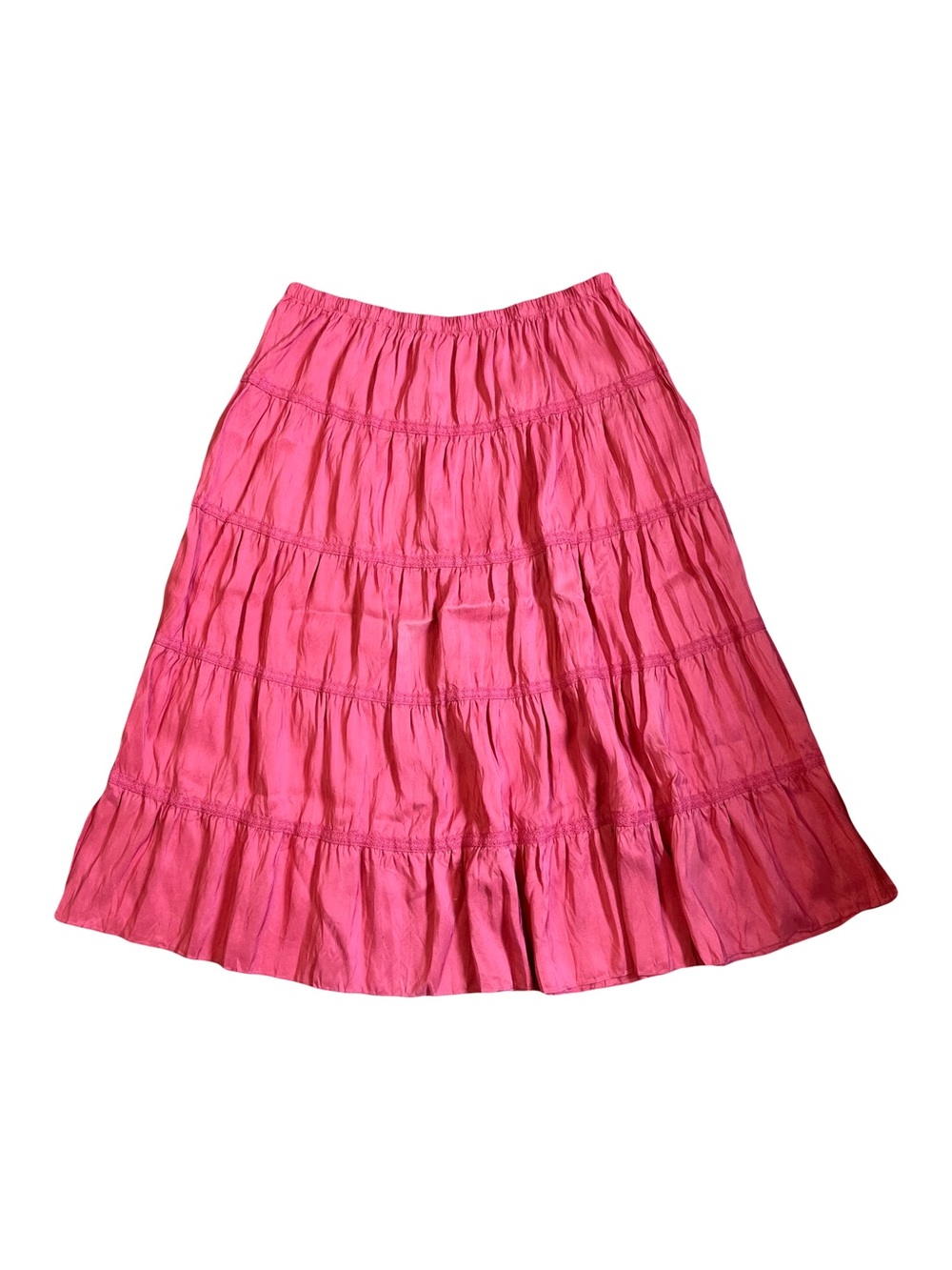 Garnet Hill | Pink Silk Tiered Crochet Trim Pull On Midi Skirt, Size 18